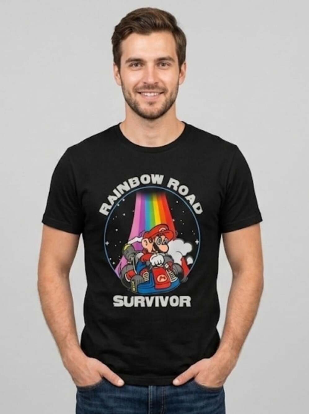 Mario KArt Adult New T-Shirt  Rainbow Road Survivor Mario Rainbow Pic 2XL  T50